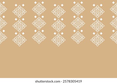 Fabric pattern traditional ethnic motif ikat geometric cross stitch.Ikat embroidery Ethnic oriental Pixel brown color label background. Abstract,vector. Texture,decoration,wallpaper.