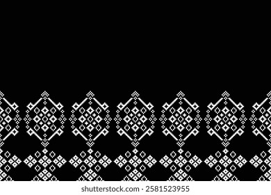 Fabric pattern traditional ethnic motif ikat geometric cross stitch.Ikat embroidery Ethnic oriental Pixel black label background. Abstract,vector,illustration. Texture,decoration,wallpaper.