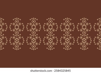 Fabric pattern traditional ethnic motif ikat geometric cross stitch.Ikat embroidery Ethnic oriental Pixel brown color label background. Abstract,vector. Texture,decoration,wallpaper.