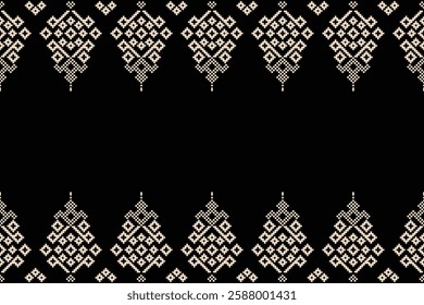 Fabric pattern traditional ethnic motif ikat geometric cross stitch.Ikat embroidery Ethnic oriental Pixel black label background. Abstract,vector,illustration. Texture,decoration,wallpaper.