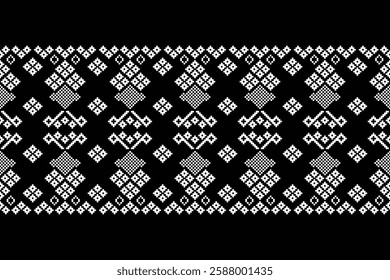 Fabric pattern traditional ethnic motif ikat geometric cross stitch.Ikat embroidery Ethnic oriental Pixel black label background. Abstract,vector,illustration. Texture,decoration,wallpaper.