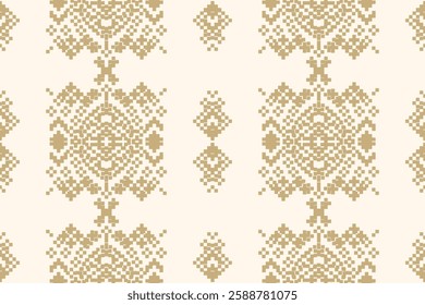 Fabric pattern traditional ethnic motif ikat geometric cross stitch.Ikat embroidery Ethnic oriental Pixel brown cream white color background. Abstract,vector. Texture,decoration,wallpaper.