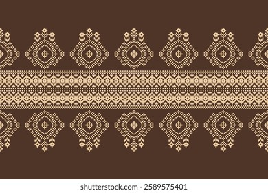 Fabric pattern traditional ethnic motif ikat geometric cross stitch.Ikat embroidery Ethnic oriental Pixel brown color label background. Abstract,vector. Texture,decoration,wallpaper.