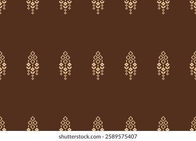 Fabric pattern traditional ethnic motif ikat geometric cross stitch.Ikat embroidery Ethnic oriental Pixel brown color label background. Abstract,vector. Texture,decoration,wallpaper.