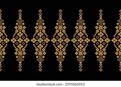 Fabric pattern traditional ethnic motif ikat geometric cross stitch.Ikat embroidery Ethnic oriental Pixel black label background. Abstract,vector,illustration. Texture,decoration,wallpaper.