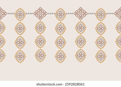 Fabric pattern traditional ethnic motif ikat geometric cross stitch.Ikat embroidery Ethnic oriental Pixel brown cream white color background. Abstract,vector. Texture,decoration,wallpaper.