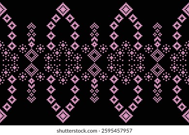 Fabric pattern traditional ethnic motif ikat geometric cross stitch.Ikat embroidery Ethnic oriental Pixel black label background. Abstract,vector,illustration. Texture,decoration,wallpaper.