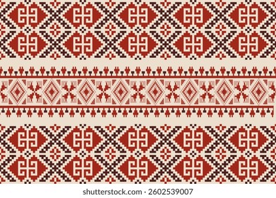 Fabric pattern traditional ethnic motif ikat geometric cross stitch.Ikat embroidery Ethnic oriental Pixel colorful background.Abstract,vector,illustration.Decoration,wallpaper,ethnic,cross stitch