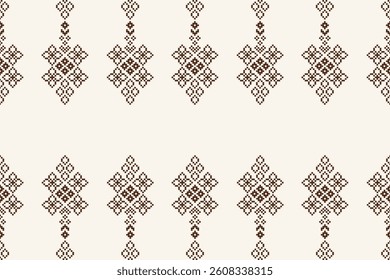 Fabric pattern traditional ethnic motif ikat geometric cross stitch.Ikat embroidery Ethnic oriental Pixel brown cream white color background. Abstract,vector. Texture,decoration,wallpaper.