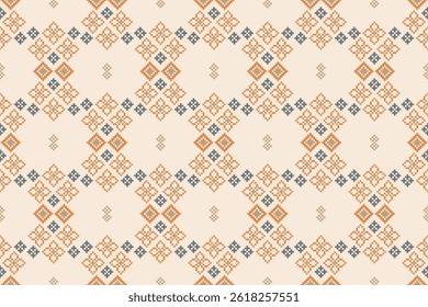 Padrão de tecido motivo étnico tradicional ikat geométrica bordado cross stitch.Ikat Etnia oriental Pixel marrom etiqueta fundo. Resumo,vetor,ilustração. Textura, decoração, papel de parede.