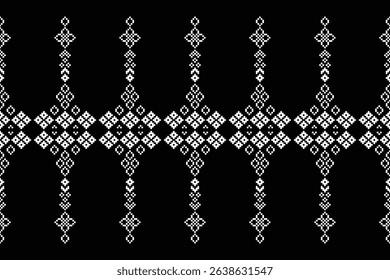 Fabric pattern traditional ethnic motif ikat geometric cross stitch.Ikat embroidery Ethnic oriental Pixel black label background. Abstract,vector,illustration. Texture,decoration,wallpaper.