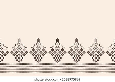 Fabric pattern traditional ethnic motif ikat geometric cross stitch.Ikat embroidery Ethnic oriental Pixel brown cream white color background. Abstract,vector. Texture,decoration,wallpaper.