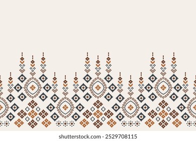 Fabric pattern traditional ethnic motifs ikat geometric cross stitch.Ikat embroidery Ethnic oriental Pixel brown cream label background. Abstract,vector,illustration. Texture,decoration,wallpaper.