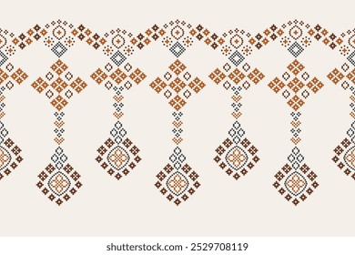 Fabric pattern traditional ethnic motifs ikat geometric cross stitch.Ikat embroidery Ethnic oriental Pixel brown cream label background. Abstract,vector,illustration. Texture,decoration,wallpaper.