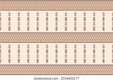 Fabric pattern traditional ethnic motifs ikat geometric cross stitch.Ikat embroidery Ethnic oriental Pixel brown cream label background. Abstract,vector,illustration. Texture,decoration,wallpaper.