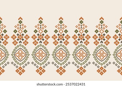 Fabric pattern traditional ethnic motifs ikat geometric cross stitch.Ikat embroidery Ethnic oriental Pixel brown cream label background. Abstract,vector,illustration. Texture,decoration,wallpaper.