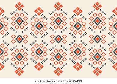 Fabric pattern traditional ethnic motifs ikat geometric cross stitch.Ikat embroidery Ethnic oriental Pixel brown cream label background. Abstract,vector,illustration. Texture,decoration,wallpaper.