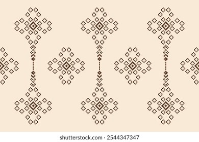 Fabric pattern traditional ethnic motifs ikat geometric cross stitch.Ikat embroidery Ethnic oriental Pixel brown cream label background. Abstract,vector,illustration. Texture,decoration,wallpaper.