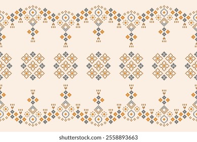 Fabric pattern traditional ethnic motifs ikat geometric cross stitch.Ikat embroidery Ethnic oriental Pixel brown cream label background. Abstract,vector,illustration. Texture,decoration,wallpaper.