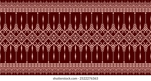The fabric pattern, traditional geometric design with repeating shapes, has a deep red background. It is a tribal pattern. Ethnic geometric