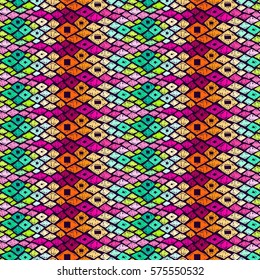 Fabric pattern. Tribal ornament. Ethnic style texture. Embroidery effect illustration. Abstract reptile. Woman clothes fabric design. Vector for textile design, interior elements or printed products.