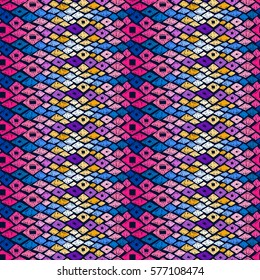 Fabric pattern. Tribal ornament. Ethnic style texture. Embroidery effect illustration. Vector for trendy clothes textile design, interior elements or printed products.