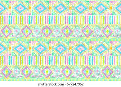 Fabric pattern. Tribal ornament. Ethnic style. Embroidery effect illustration. Mexican fabric. Brazilian textile. Boho cloth. Vector pattern for fashion design, interior or printed products.