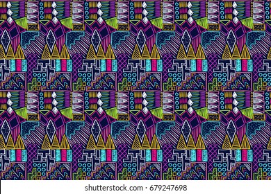 Fabric pattern. Tribal ornament. Ethnic style. Embroidery effect illustration. Mexican fabric. Brazilian textile. Boho cloth. Vector pattern for fashion design, interior or printed products.