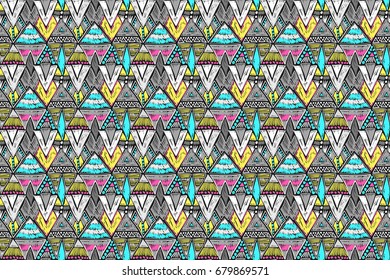 Fabric pattern. Tribal ornament. Ethnic style. Embroidery effect illustration. Mexican fabric. Brazilian textile. Vector pattern for fashion design, interior or printed products.