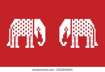 Fabric pattern with two white elephants on a red background