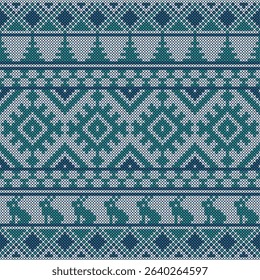 Fabric pattern, yarn pattern, blue tone, white tone, weaving, rabbit, Christmas tree, natural art, used in fabric pattern design or wallpaper, various material surfaces.