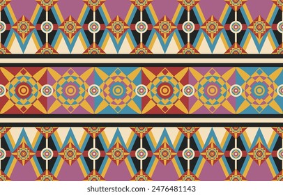 Fabric patterns designed with geometric shapes It is a horizontal pattern. Fabrics for wallpaper, wrapping paper and long textiles such as sashes, scarves, bright colors for African, Mexican, American