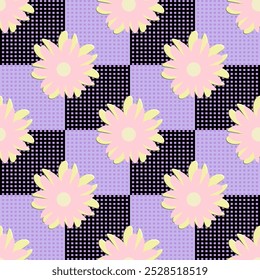 Stoffmuster, Geschenkpapier-Muster, Blumen auf schwarz-violettem Hintergrund, nahtlose Muster 