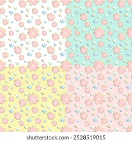 Fabric patterns, gift wrapping paper patterns, flowers on 4 colors background , seamless patterns 