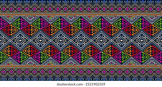 Fabric patterns, intricate designs with vibrant colors, traditional Lao shawl (sabai) arranged with complex geometric shapes, textile patterns from local culture Ethnic geometric