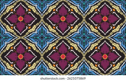 The fabric patterns seamless vector pattern, beautifully arranged floral, with flowers in the center, blue , purple, black background