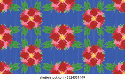 The fabric patterns seamless vector pattern, beautifully arranged floral, blue background, red flowers