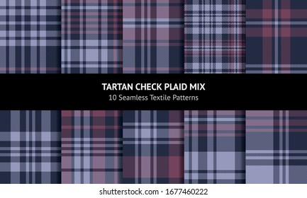 Fabric patterns set. Seamless tartan check plaid graphics in purple, bordo red, and dark blue for autumn and winter flannel shirt, skirt, blanket, or other textile designs.