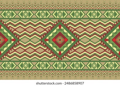 Fabric patterns in tones of green, yellow, red, orange, geometric such as squares, triangles, repeating, designed for decoration, vector illustrations