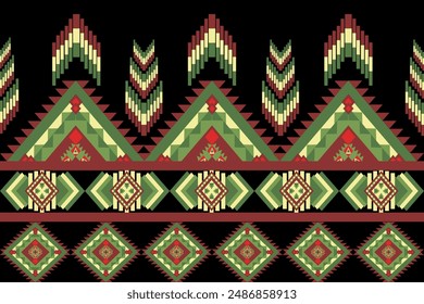 Fabric patterns in tones of green, yellow, red, orange, geometric such as squares, triangles, repeating, designed for decoration, vector illustrations