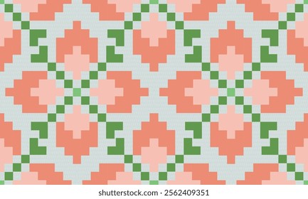 a fabric pink and orange flowers pixel pattern and light blue background designs