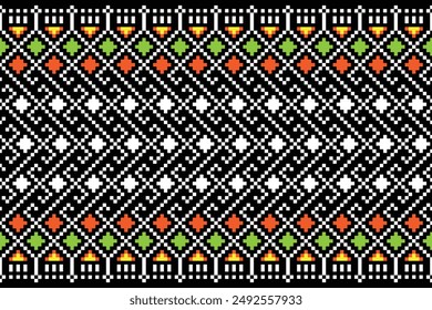 Fabric pixel abstract geometric pattern Thai stye design for clothing, fabric, background, wallpaper, wrapping, batik. Knitwear, Embroidery style. Aztec geometric art ornament