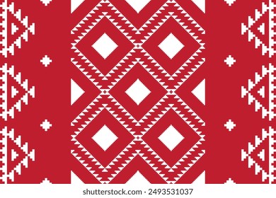 Fabric pixel abstract geometric pattern on red background. Design for clothing, fabric, background, wallpaper, wrapping, batik. Knitwear, Embroidery style. Aztec geometric art ornament