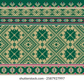 Fabric pixel abstract geometric pattern Thai style design for clothing, fabric, background, wallpaper, wrapping, batik. Knitwear, Embroidery style. Aztec geometric art ornament print. Vector art.