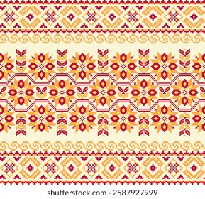 Fabric pixel abstract geometric pattern Thai style design for clothing, fabric, background, wallpaper, wrapping, batik. Knitwear, Embroidery style. Aztec geometric art ornament print. Vector art.