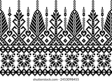 Fabric Pixel art black and white seamless pattern ,Abstract ethnic geometric pattern design for background or Wallpaper ,fashion design 
