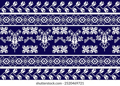 Diseño de estilo tailandés de patrón azul y blanco de píxeles de tela para ropa, tela, fondo, Fondo de pantalla, envoltura, batik. Prendas de punto, estilo bordado, pared de arte.