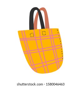 Fabric plaid shopper bag clip art. Hand drawn modern naive illustration, isolated vector sketch art. Atelier or hand made studio sewing item, craft accessories.