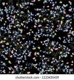 fabric plant flowers pink and berry leaves branches on black background vector seamless pattern