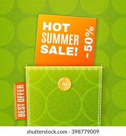 Fabric pocket poster with button on the green circle shaped  texture background vector illustration